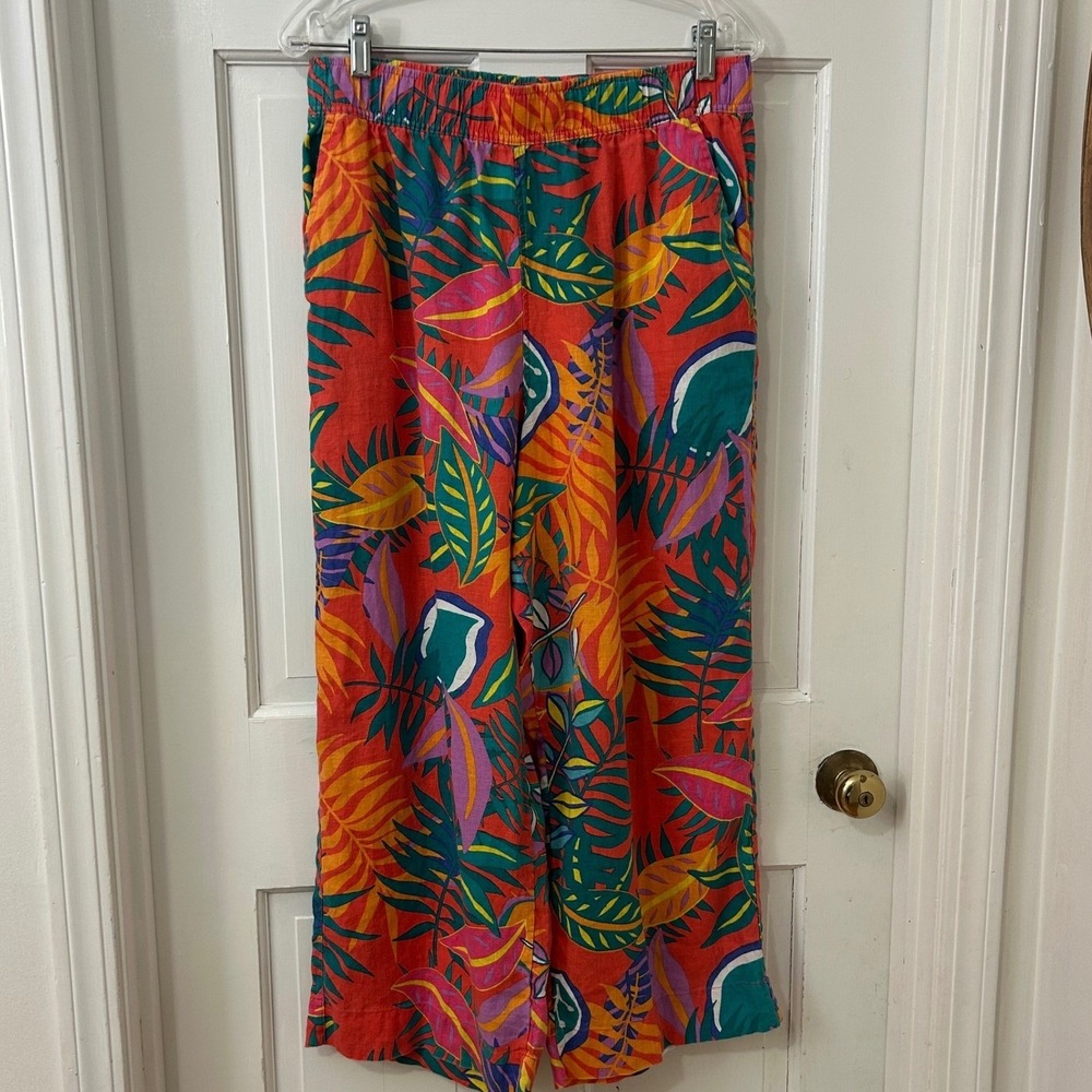 C&C California Sz L Linen Tropical‎ Leaf Wide Leg Pants Resort Cruise Vacation